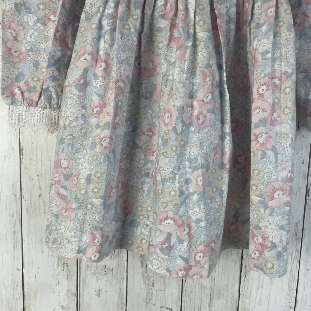 Vtg Polly Flinders Bib Collar w/ Lace Girls Sz 6 Pastel Floral Dress Cottagecore